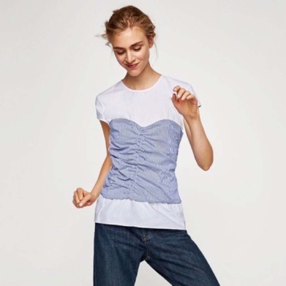 Zara white top blue striped corset women's XS